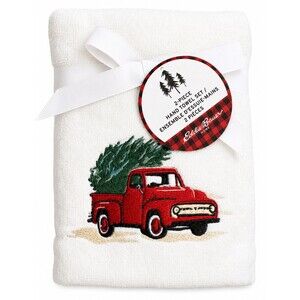 Eddie Bauer Christmas Red Truck Hand Towels Set of 2 Embroidered Tree White